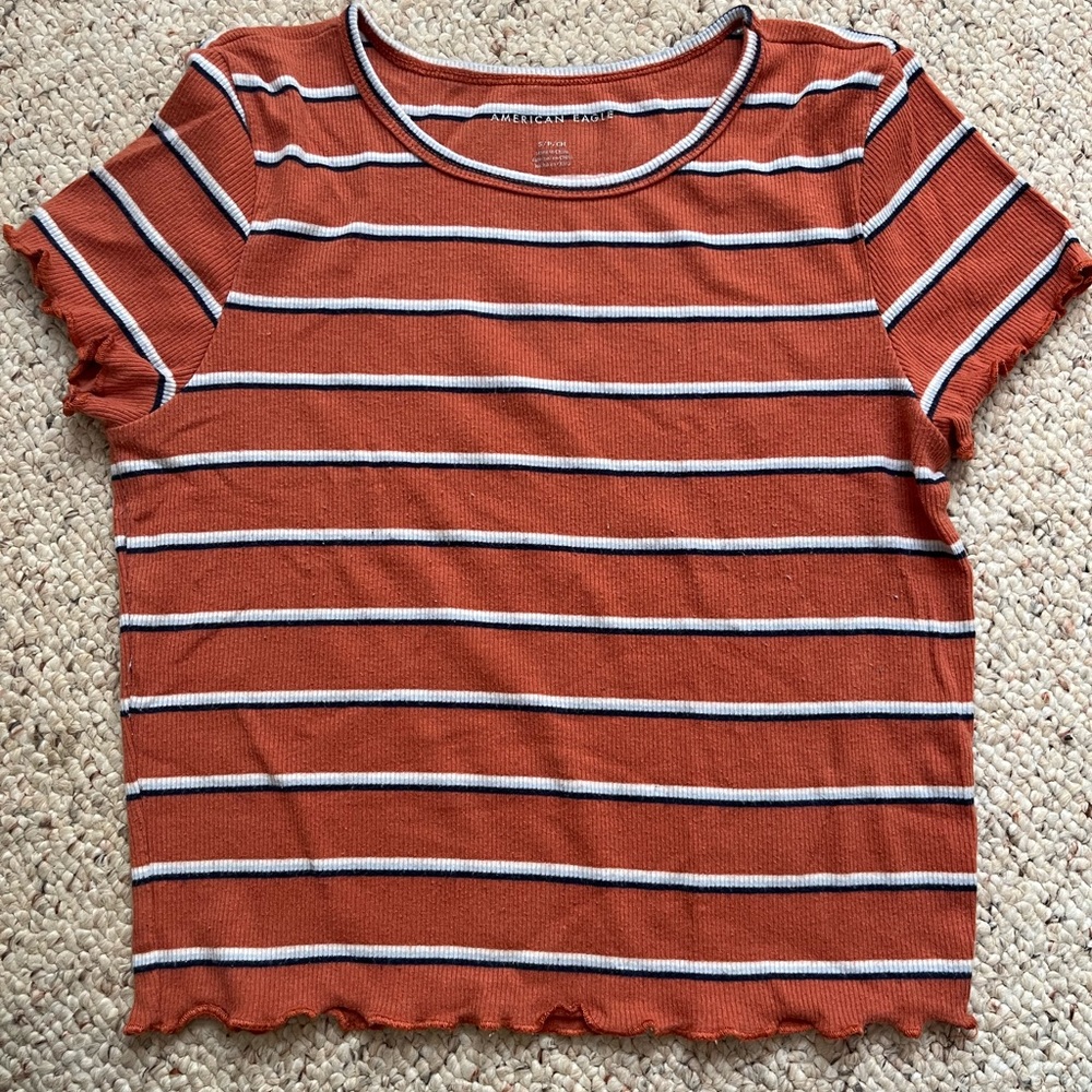 Orange crop top with blue and white stripes